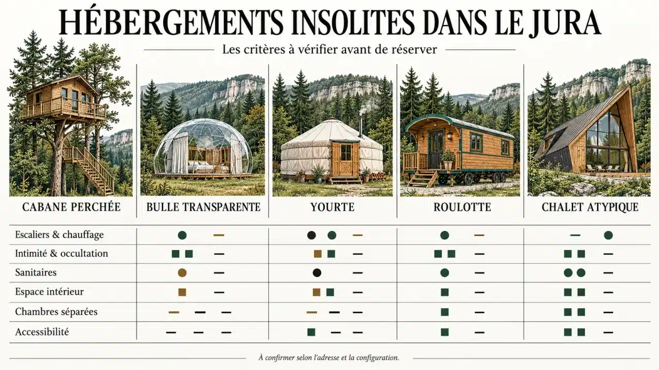 Hébergements insolites Jura : cabane, bulle, yourte, roulotte et chalet à comparer