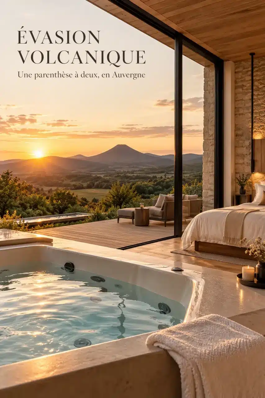 Love room en Auvergne avec jacuzzi privatif et vue sur les paysages volcaniques